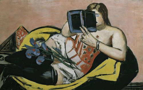 Lying woman with book and irises, 1931. Creator: Max Beckmann.