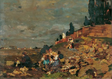 Children at the cemetery wall, 1888. Creator: Tina Blau.