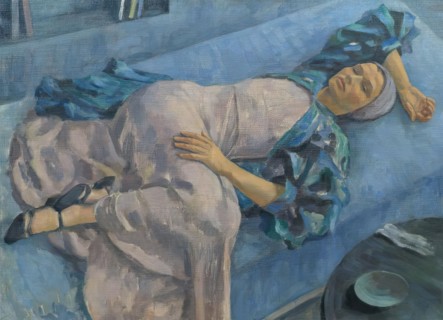 Grete Gamerith on a blue couch, 1936. Creator: Walther Gamerith.