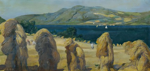 Attersee landscape with haystacks, 1904. Creator: Anton Josef von Kenner.