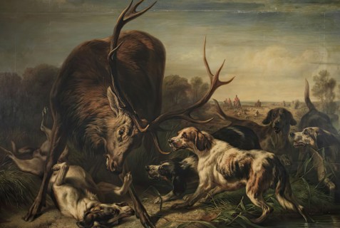 Deer caught by dogs, 1858. Creator: Benno Adam.
