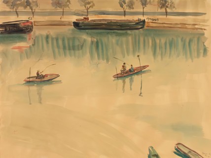 Ships on the Seine near Paris, 1939. Creator: Franz Blum.