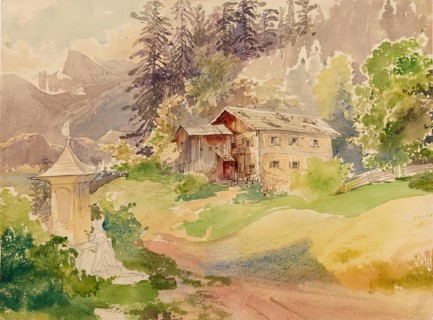 Alpine landscape with farmhouse and woman in front of Marterl, undated. (c1810s). Creator: Franz Steinfeld.