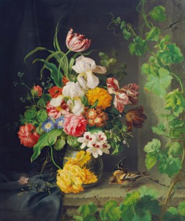 Floral still life with sparrow and vine, 1848. Creator: Josef Lauer.