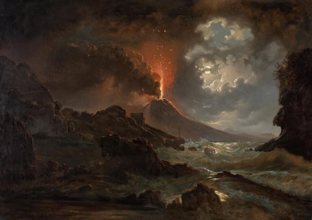 Vesuvius eruption at night with a view of the Scuola di Virgilio, 1822. Creator: Joseph Rebell.