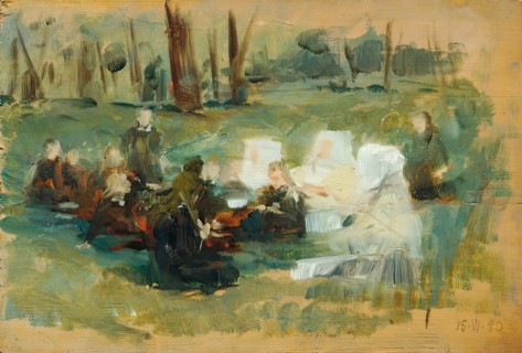 Group of children with three nuns dressed in white and a priest on a forest meadow in the sun, 1893. Creator: Otto Friedrich.