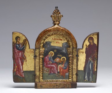 Saint John the Evangelist Dictating to Prochorus; the Annunciation, 16th century. Creator: Unknown.