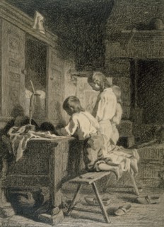 Interior with Three Boys Kneeling, c1850. Creator: Pierre Edouard Frere.
