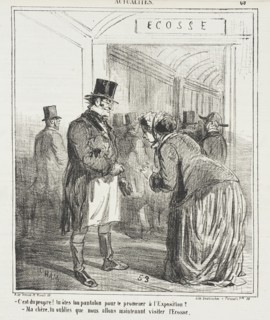C'est du propre! Tu ôtes ton pantalon pour te promener à l'exposition? - Ma chère..., 1867. Creator: Cham.