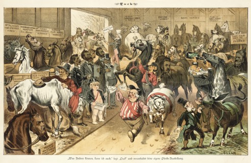 Cartoon from Puck, between 1880 and 1889. Creator: Bernhard Gillam.