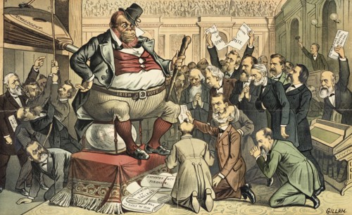 Der "Bugaboo" im Congress. Cartoon from Puck, 1885. Creator: Bernhard Gillam.