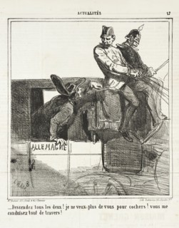 Descendez tous les deux! Je ne veux plus de vous pour cochers! Vous me conduisez tout de..., 1864. Creator: Cham.