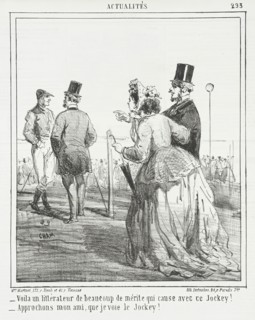 Voila un littérateur de beaucoup de mérite qui cause avec ce Jockey! -Approchons mon ami..., 1865. Creator: Cham.