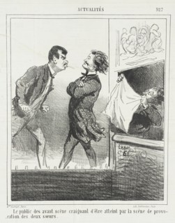 Le public des avant scènes craignant d'être atteint par la scène de provocation des deux soeurs,1865 Creator: Cham.