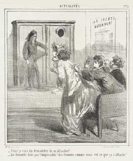 Tiens! Je vais lui demander de m'attacher! -Lui demande donc pas l'impossible! Des femme..., 1865. Creator: Cham.