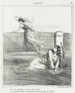 Anne, ma soeur Anne, ne vois-tu rien venir? -Si j'aperçois l'Italie qui poudroie et..., 1866. Creator: Cham.