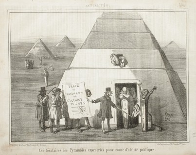 Trace du percement de l'Isthme de Suez: -Les locataires des pyramides expropriés..., 1856. Creator: Cham.