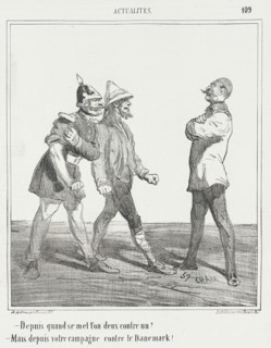 Depuis quand se mett'on deux contre un? -Mais depuis votre campagne contre le Danemark, 1866. Creator: Cham.