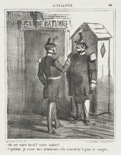 Guarde Nationale -Où est votre fusil? Votre sabre? -Capitaine, je cesse mes armements..., 1867. Creator: Cham.