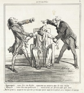 Homeopate!...vous êtes un drôle...Monsieur ne mourra que de ma mains. -Allopate!..., 1859. Creator: Cham.