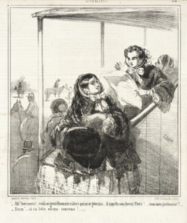 Ah! Bien merci! Voilà un gentilhomme -riders qui ne se gêne pas...il appelle son..., 1860. Creator: Cham.