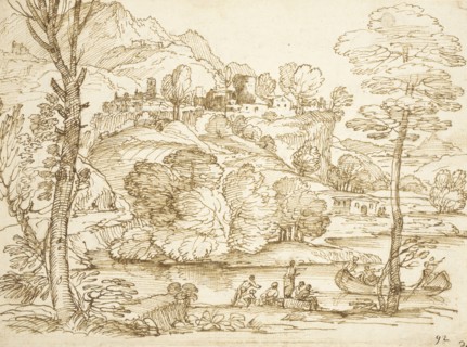 Landscape with River and Figures, between 1600 and 1699. Creator: Giovanni Francesco Grimaldi.
