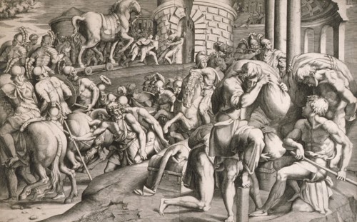 The Trojans Pull the Wooden Horse into the City, 1545. Creators: Giulio Bonasone, Francesco Primaticcio.
