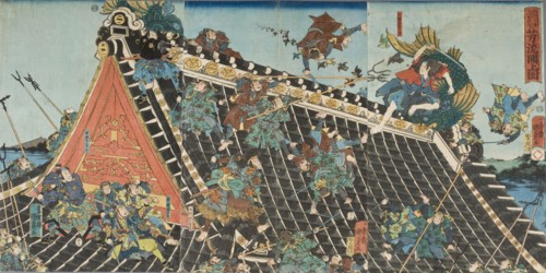 Battle on roof of Horyukaku, from the Play Tale of the Eight Dogs (Hakkenden), 1854. Creator: Utagawa Kunisada II.