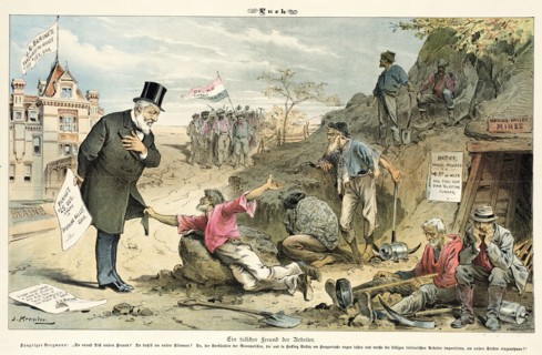 Ein falscher Freund der Arbeiter....Cartoon from Puck, between 1880 and 1889. Creator: Bernhard Gillam.