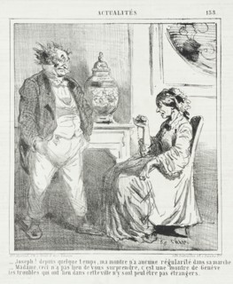 Joseph! Depuis quelques temps ma montre n'a aucune regularité dans sa marche..., 1864. Creator: Cham.