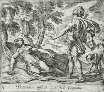 Procris Killed by Cephalus's Javelin, published 1606. Creators: Antonio Tempesta, Wilhelm Janson.