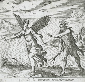 The Daughter of Coroneus Changed into a Crow, published 1606. Creators: Antonio Tempesta, Wilhelm Janson.