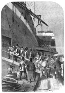 Departure of the Great Eastern from the Mersey with the Canadian Contingent: the soldiers..., 1861. Creators: Edwin Weedon, F. S..