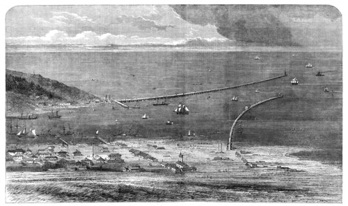 Birdseye view of the Sulina mouth of the Danube, showing the works of improvement lately..., 1861. Creator: Unknown.