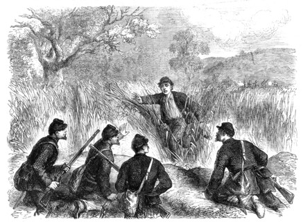 The War in America: a Confederate deserter coming into the Federal lines at Munson's..., 1861. Creator: Unknown.