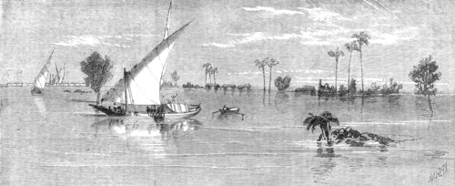 Inundation of the Nile: view below Kafr Zayat, showing the railway-bridge, and train off..., 1861. Creator: Richard Principal Leitch.