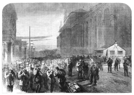 Progress of the Great International Exhibition building: the workmen leaving the grounds, 1861. Creator: Frederick John Skill.