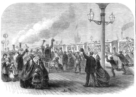 Reinforcements for Canada: the Guards leaving the South-Western Railway station for Southampton,1861 Creator: Unknown.