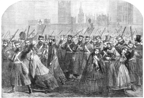 Reinforcements for Canada: the Guards crossing Westminster-Bridge on their way to the..., 1861. Creator: Unknown.