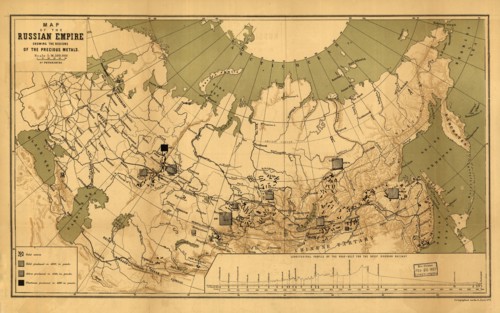 Map of the Russian Empire showing the regions of the precious metals, 1890. Creator: A. Jlyne.