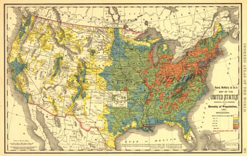 Rand, McNally & Co.'s map of the United States showing, in six degrees the density of pop..., 1890. Creator: Rand McNally.