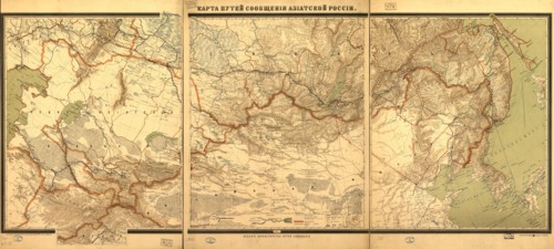 Wall map showing Russian railroads, navigable rivers, highways, and shipping routes, 1901. Creator: Unknown.