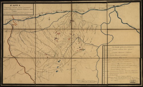 Map showing gold-mining concessions along rivers in the Olekminsk region, Siberia, Russia, 1853.  Creator: Unknown.