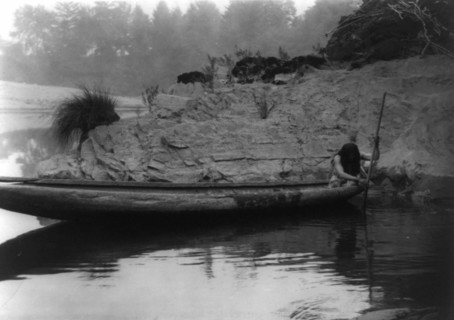 Fishing from canoe-Hupa, 1923. Creator: Edward Sheriff Curtis.