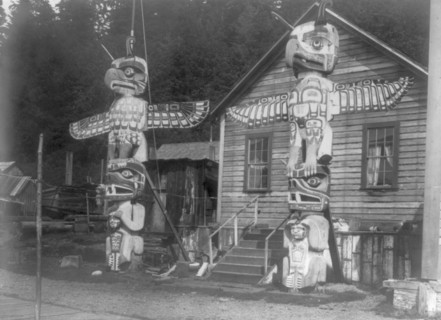 Carved posts at Alert Bay, c1914. Creator: Edward Sheriff Curtis.