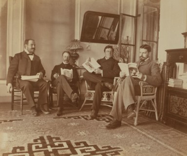Four friends reading in the veranda room, Dom Smith, Vladivostok, Russia: William S..., 1899. Creator: Eleanor Lord Pray.