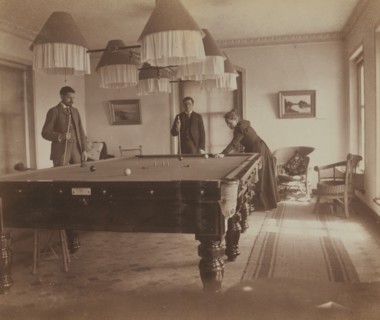 Frederick S Pray, David M Clarkson, and Sarah E Smith, posed by the billiard table..., Russia, 1899. Creator: Eleanor Lord Pray.