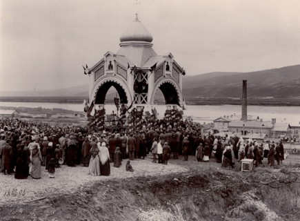 A prayer service at the laying of a railway bridge over the Yenisei River, 1896. Creator: IR Tomashkevich.