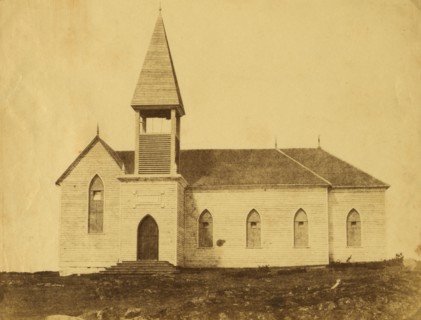 Exterior view of church, in the community around Fort Victoria on Vancouver..., between 1858 and 61. Creator: Unknown.