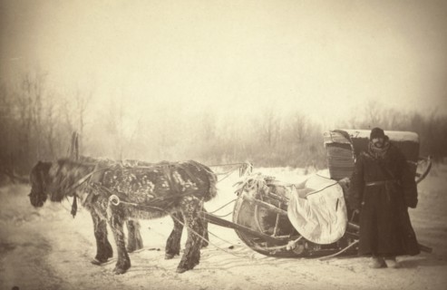 A Siberian posting sledge on a cold morning, with GK [ie, George Kennan]..., between 1885 and 86. Creator: George Albert Frost.